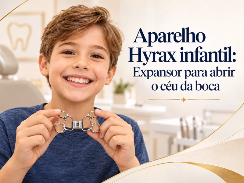 Aparelho Hyrax infantil: Expansor para abrir o céu da boca. 3 Menino sorrindo no consultório segurando um aparelho Hyrax infantil, o expansor para abrir o céu da boca