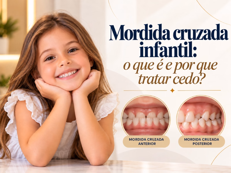 Mordida Cruzada Infantil: O que é e Por que tratar cedo? 1 Menina sorrindo com as mãos no rosto ao lado de exemplos de mordida cruzada infantil anterior e posterior